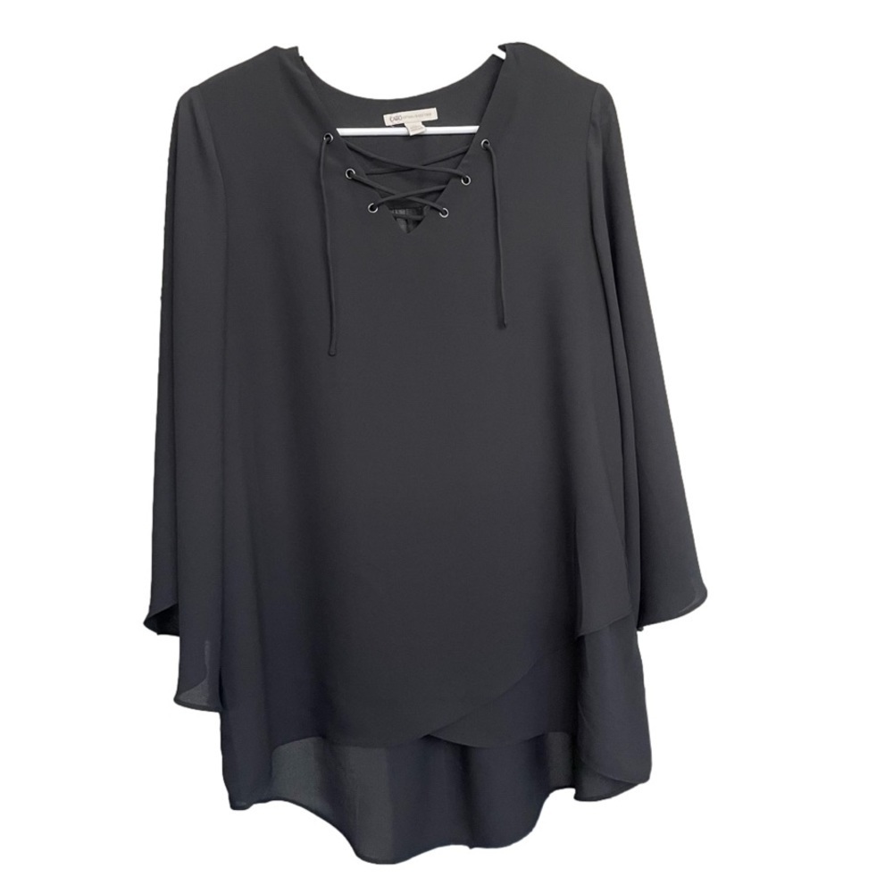 Cato Black High Low Flowy Lace Up Blouse Small Lightweight Semi Sheer